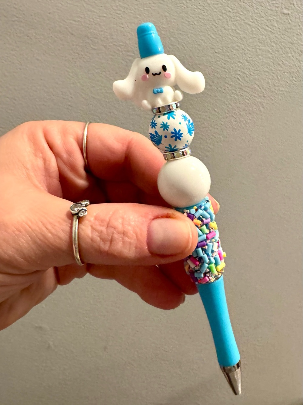 Custom designed, beaded pen featuring Cinnamoroll - hello kitty’s friend